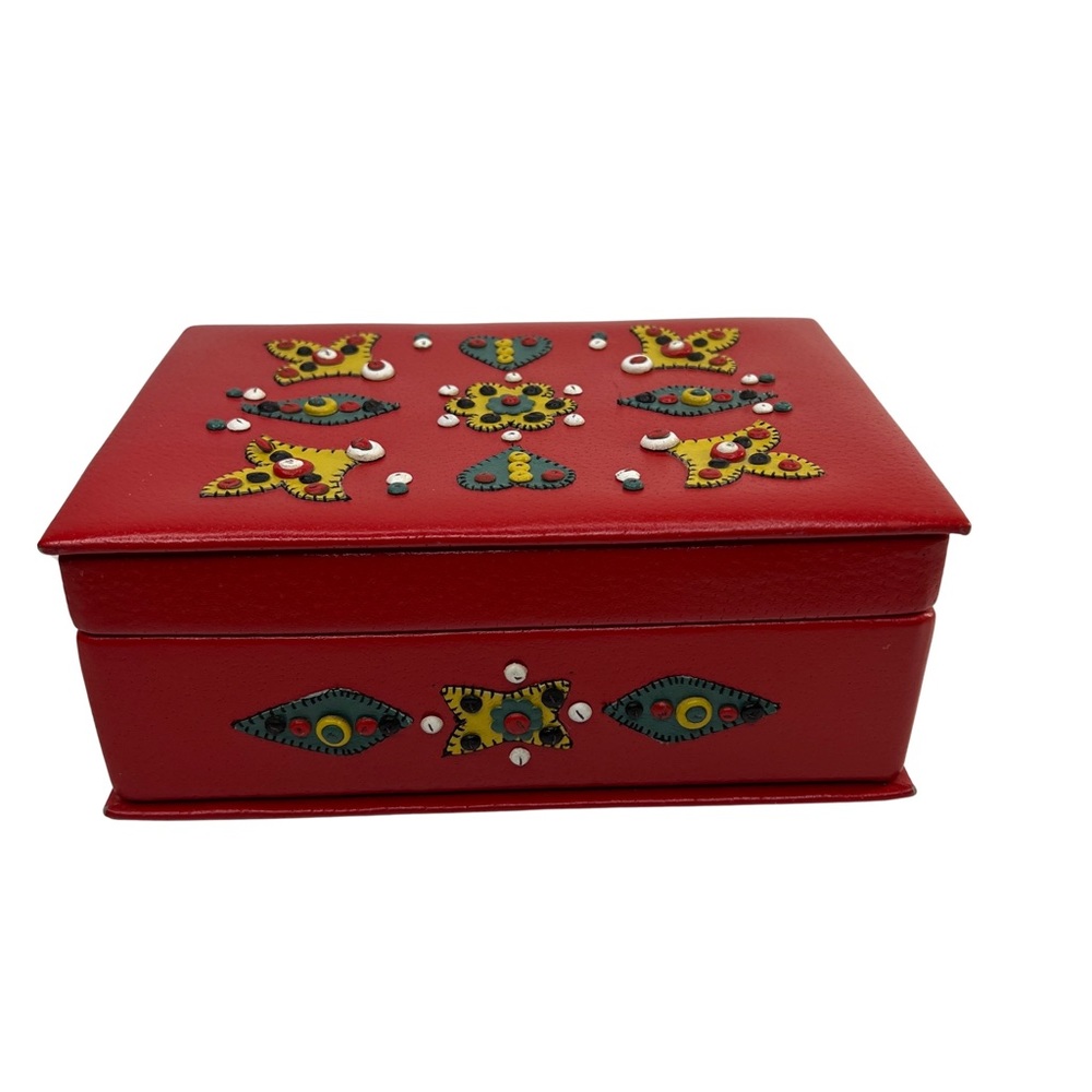 Leather jewelry, box, India? Lined red vintage Bohol.